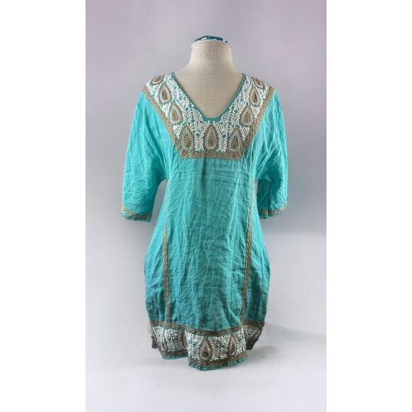 Uncle Frank 100% Linen Embroidered Dress V-Neck Boho Festival Pockets Size Small - Picture 2 of 12